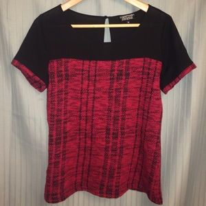 Red Tweed Blouse With Sheer Sleeves